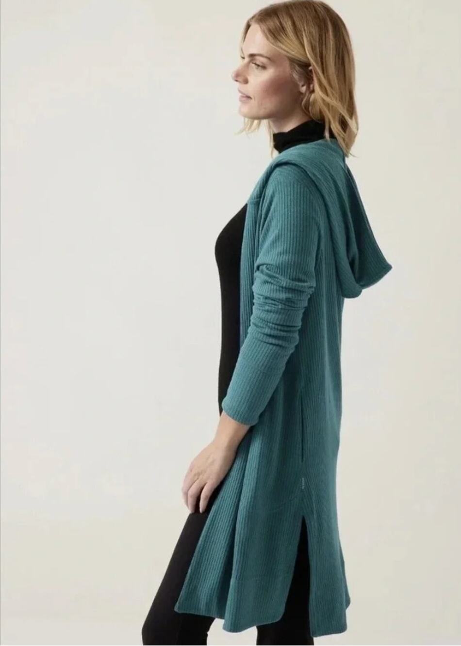 Athleta Harmony Pose Wrap Cardigan Womens Size Small Borealis Green Pockets Hood